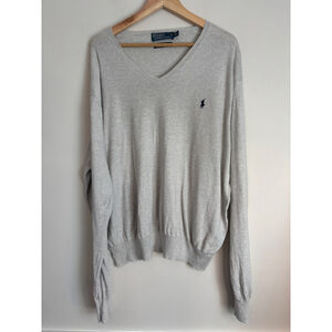 Polo Ralph Lauren Mens XXL Grey V-Neck Sweater With Navy Logo Old Money Preppy